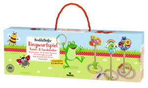 Bunte, längliche Kartonverpackung mit rotem Griff des Ringwurfspiels 'Krabbelkäfer'